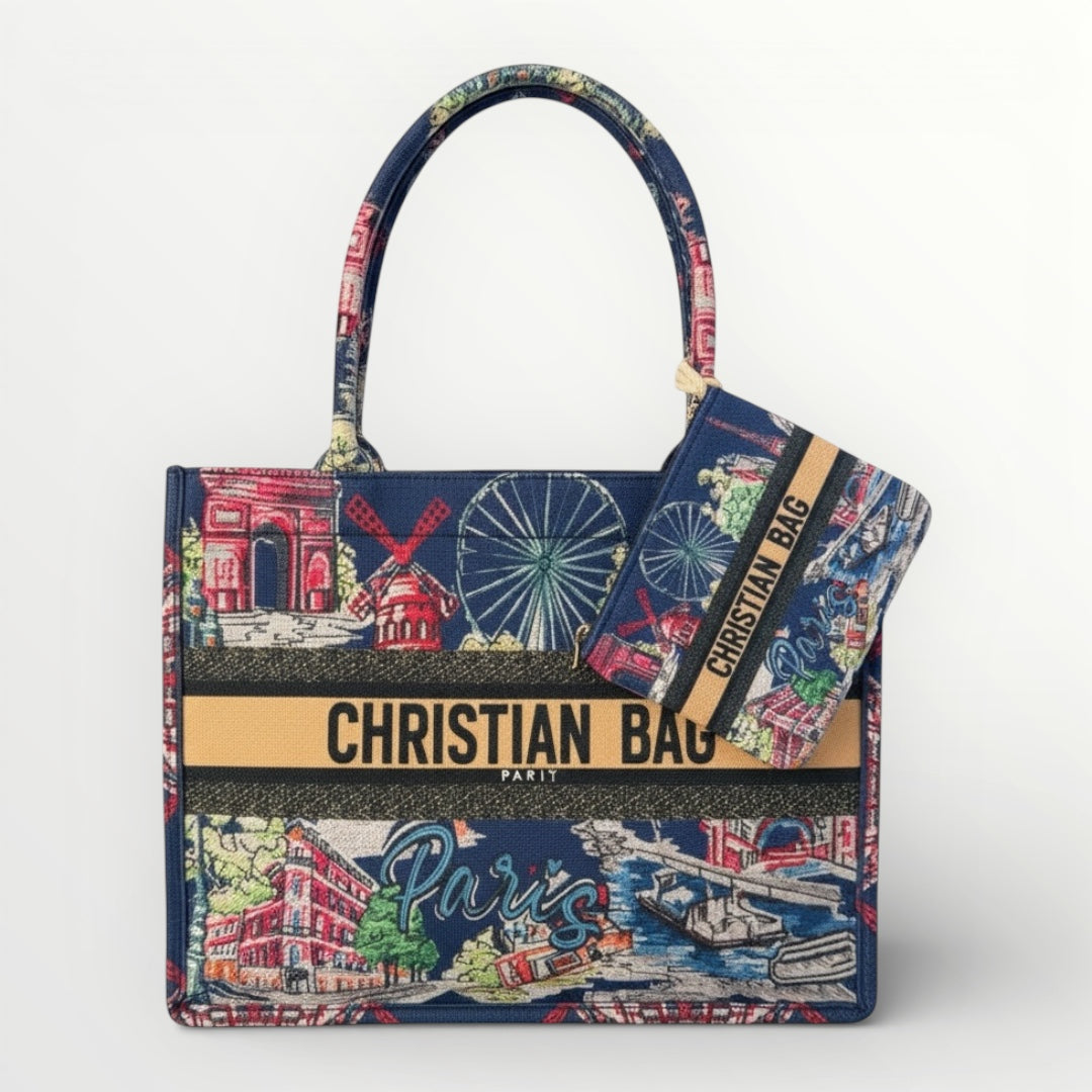 Paris Print Chic Shopper Tote Bag with Matching Pouch