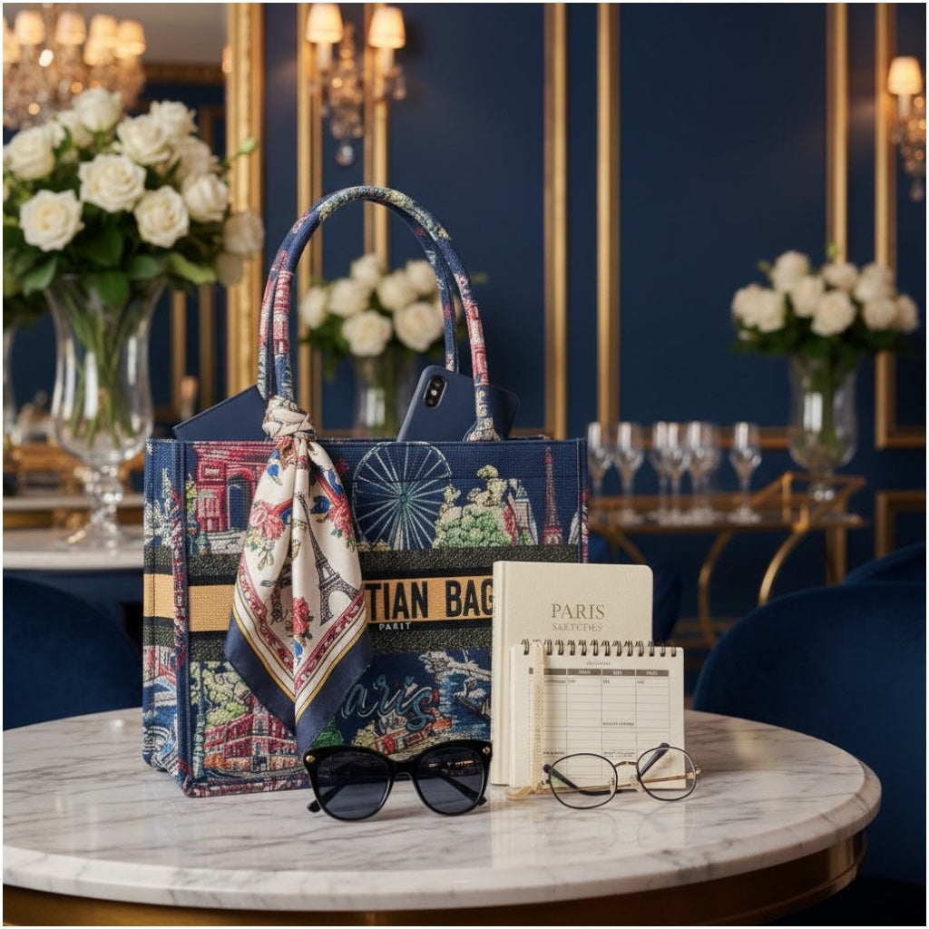 Paris Print Chic Shopper Tote Bag with Matching Pouch