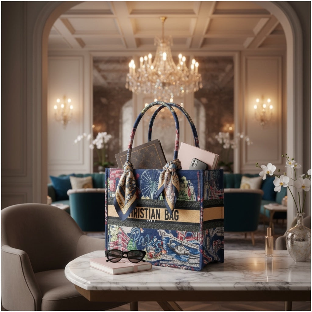 Paris Print Chic Shopper Tote Bag with Matching Pouch