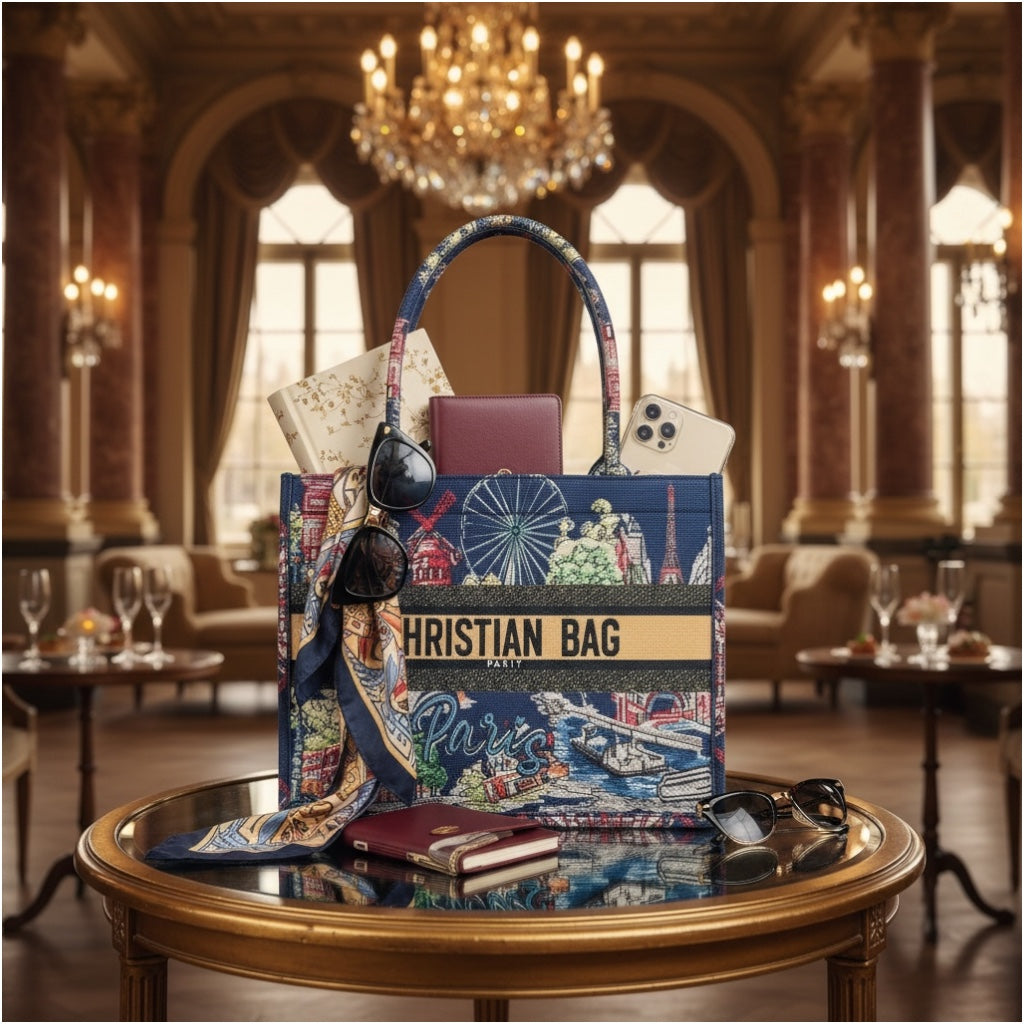 Paris Print Chic Shopper Tote Bag with Matching Pouch