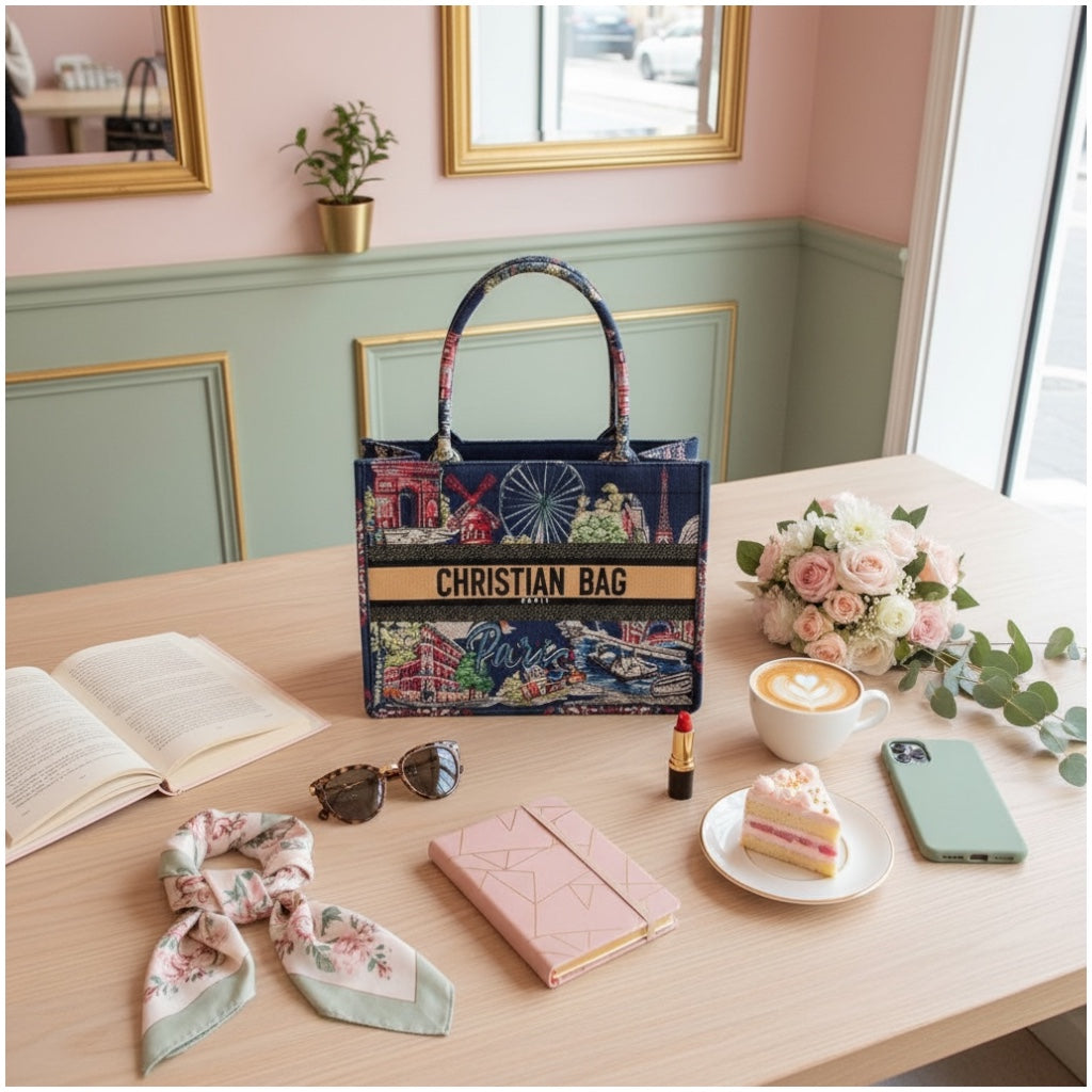Paris Print Chic Shopper Tote Bag with Matching Pouch