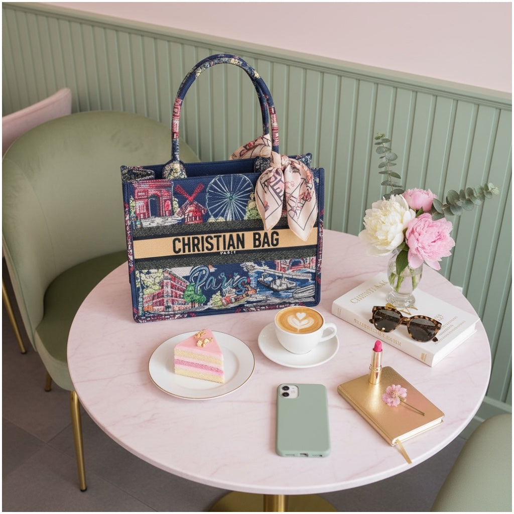 Paris Print Chic Shopper Tote Bag with Matching Pouch