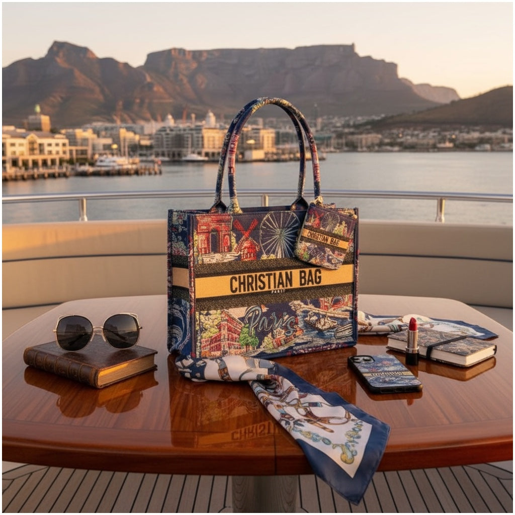 Paris Print Chic Shopper Tote Bag with Matching Pouch