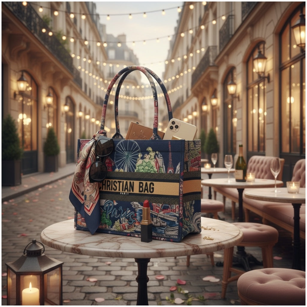 Paris Print Chic Shopper Tote Bag with Matching Pouch