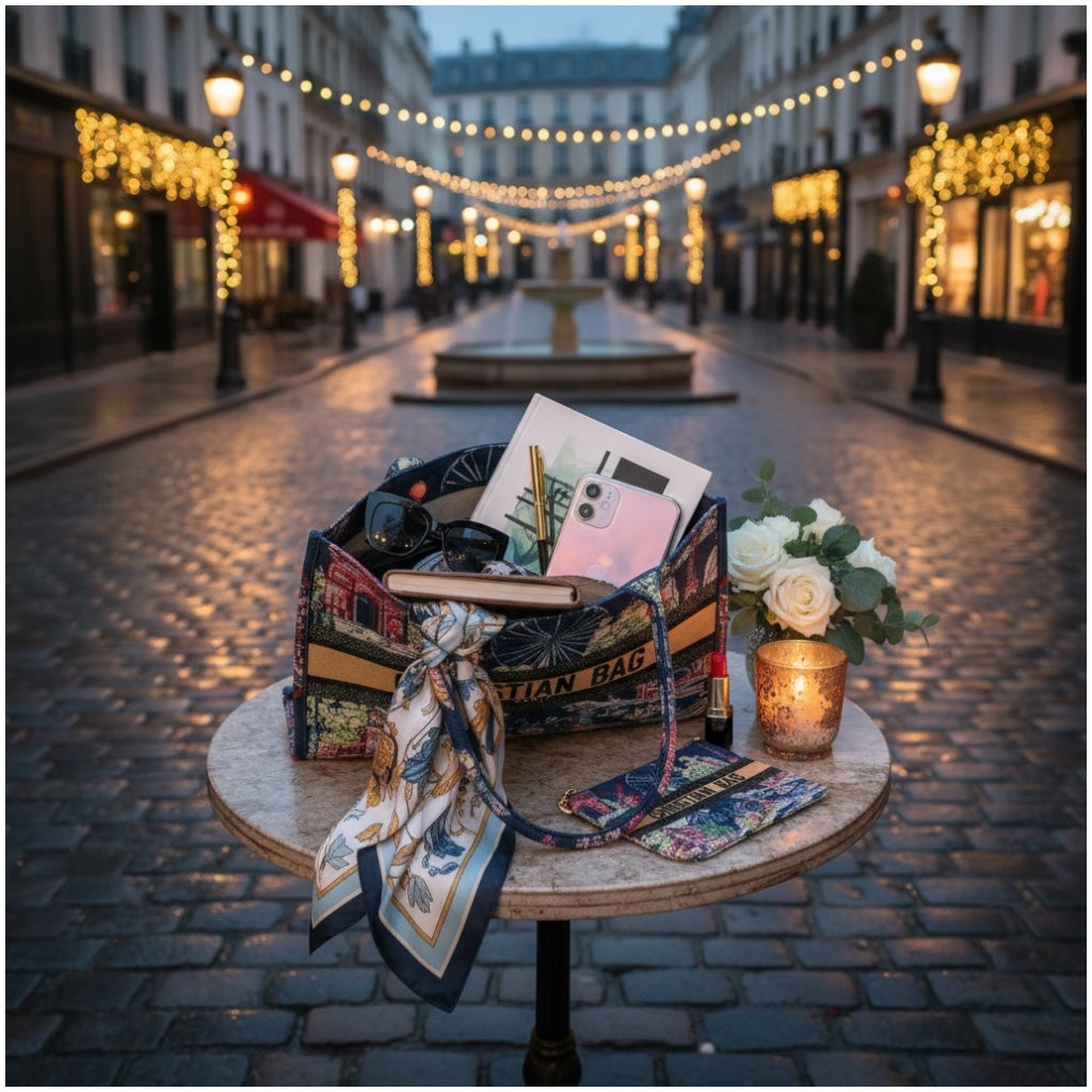 Paris Print Chic Shopper Tote Bag with Matching Pouch