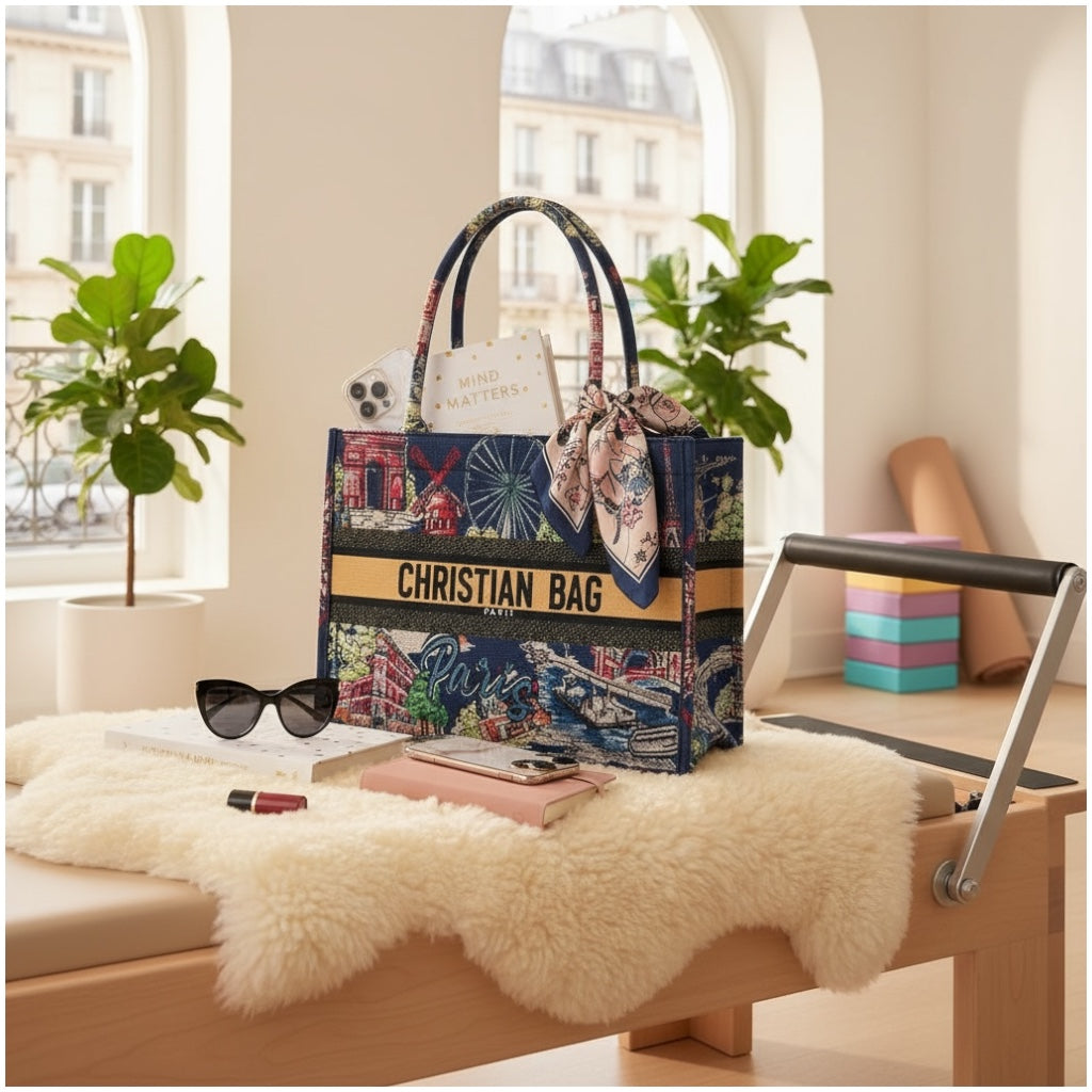 Paris Print Chic Shopper Tote Bag with Matching Pouch