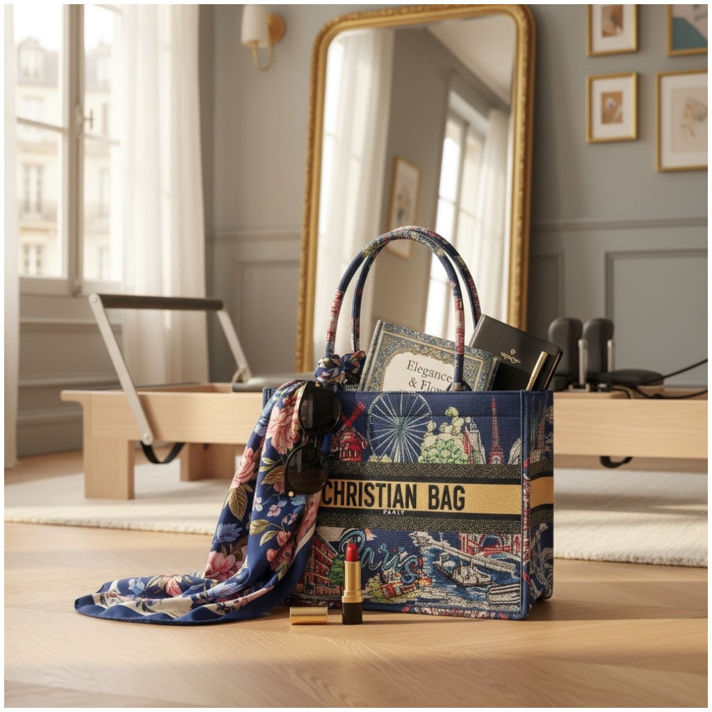 Paris Print Chic Shopper Tote Bag with Matching Pouch