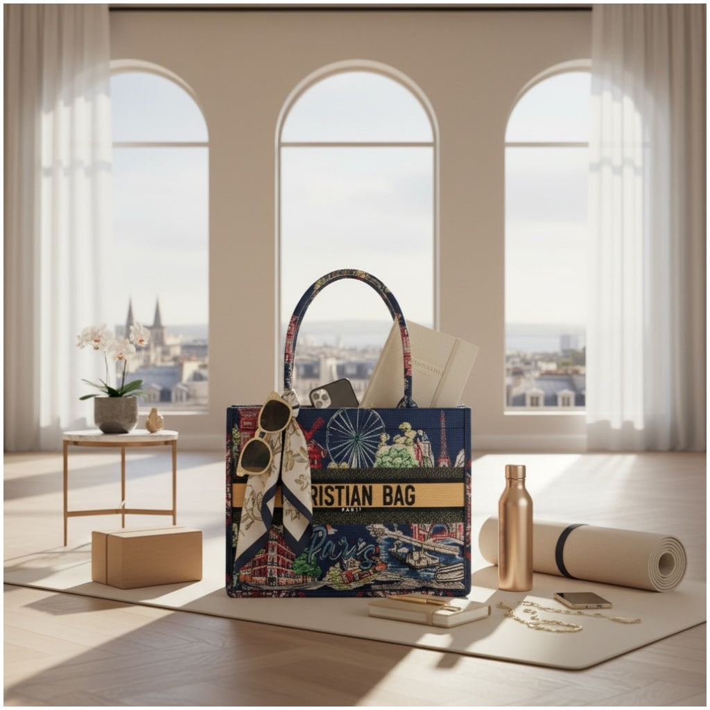 Paris Print Chic Shopper Tote Bag with Matching Pouch