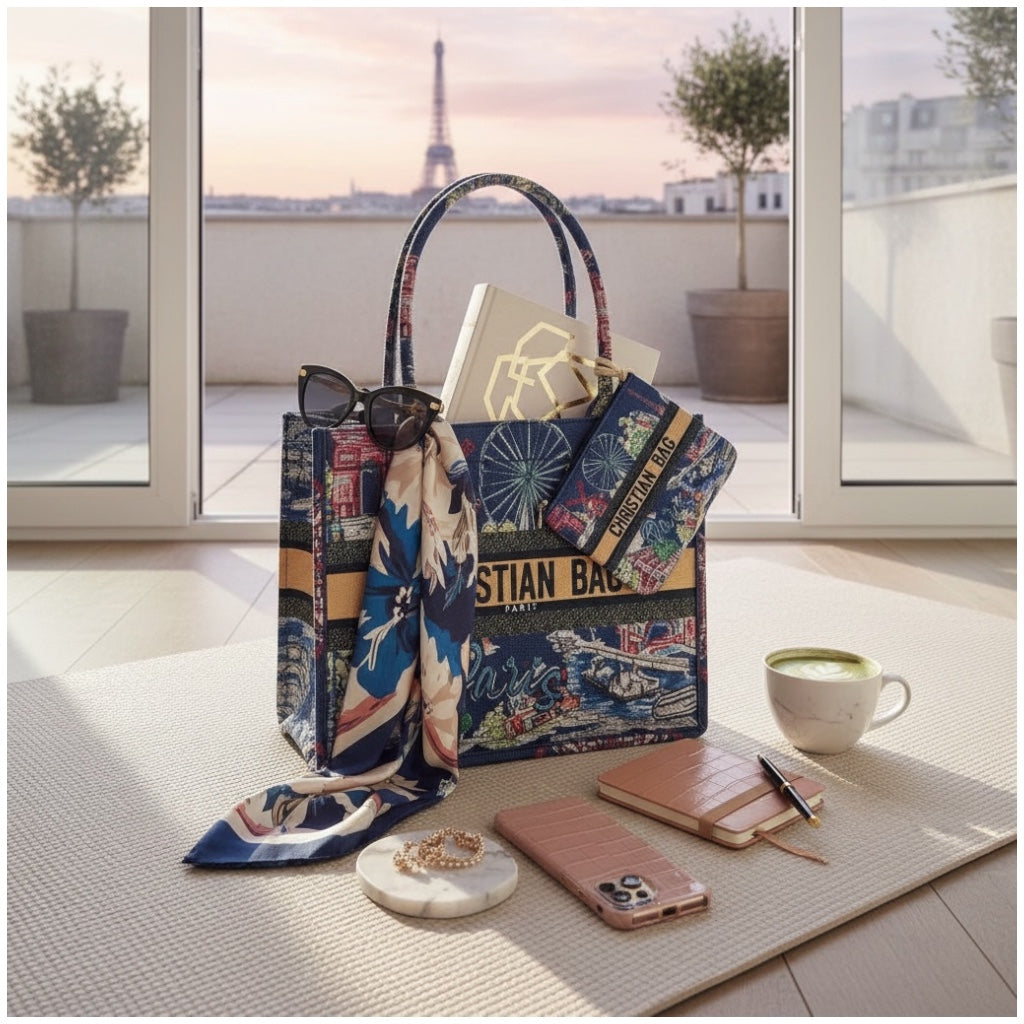 Paris Print Chic Shopper Tote Bag with Matching Pouch