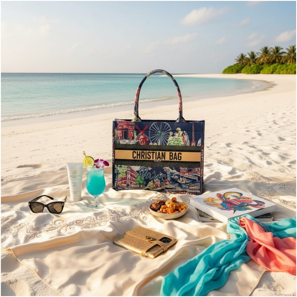 Paris Print Chic Shopper Tote Bag with Matching Pouch