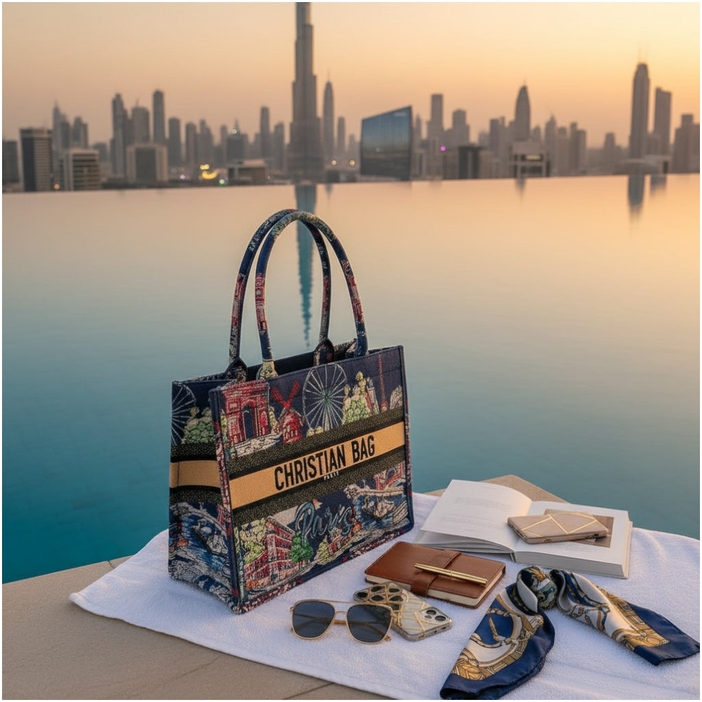 Paris Print Chic Shopper Tote Bag with Matching Pouch