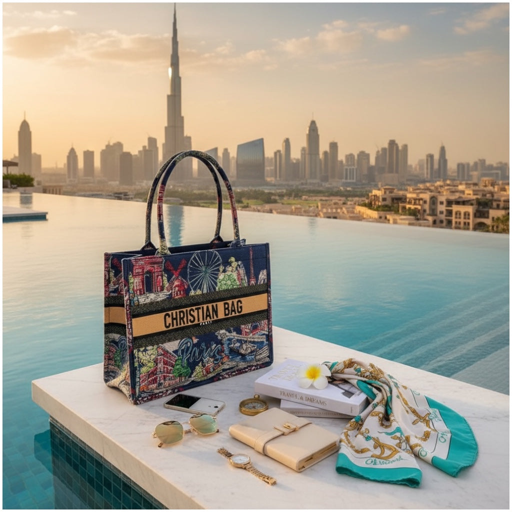 Paris Print Chic Shopper Tote Bag with Matching Pouch