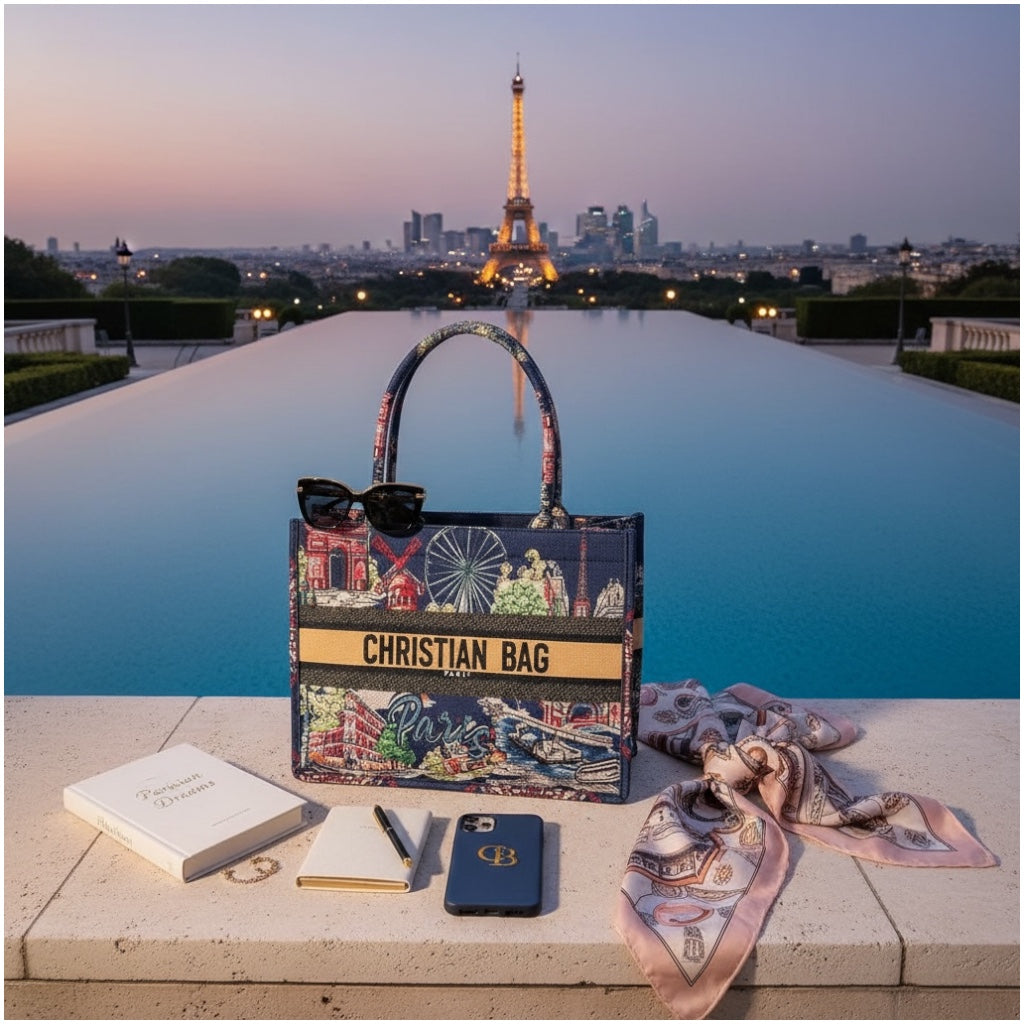 Paris Print Chic Shopper Tote Bag with Matching Pouch