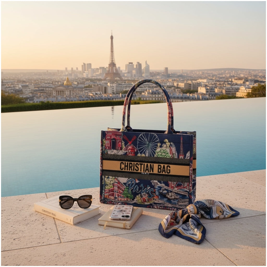 Paris Print Chic Shopper Tote Bag with Matching Pouch