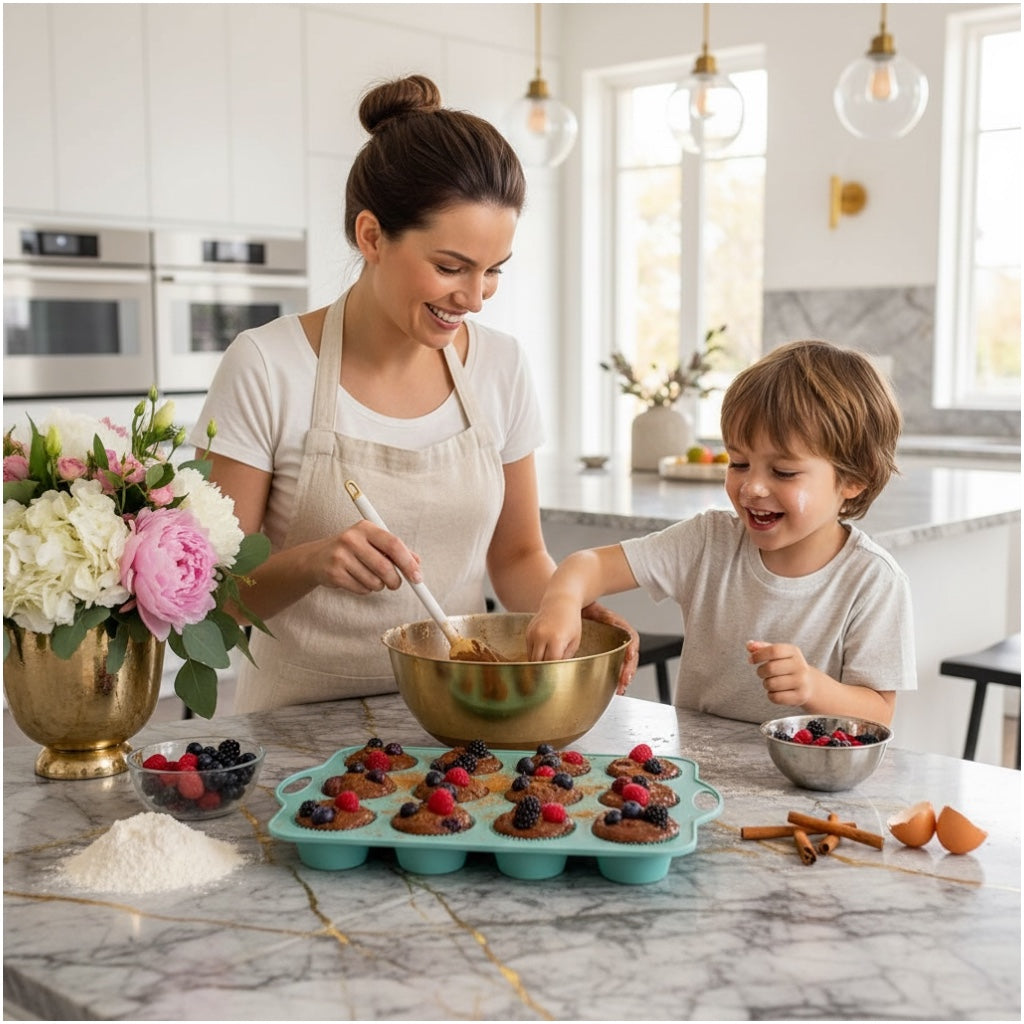 Professional Baking Mould- 12-Cup Silicone Muffin & Cupcake Baking Tray – BPA-