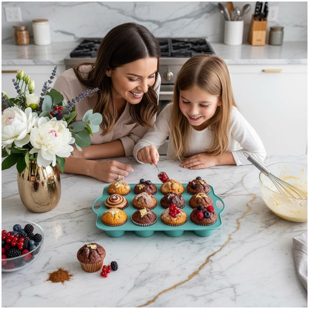 Professional Baking Mould- 12-Cup Silicone Muffin & Cupcake Baking Tray – BPA-