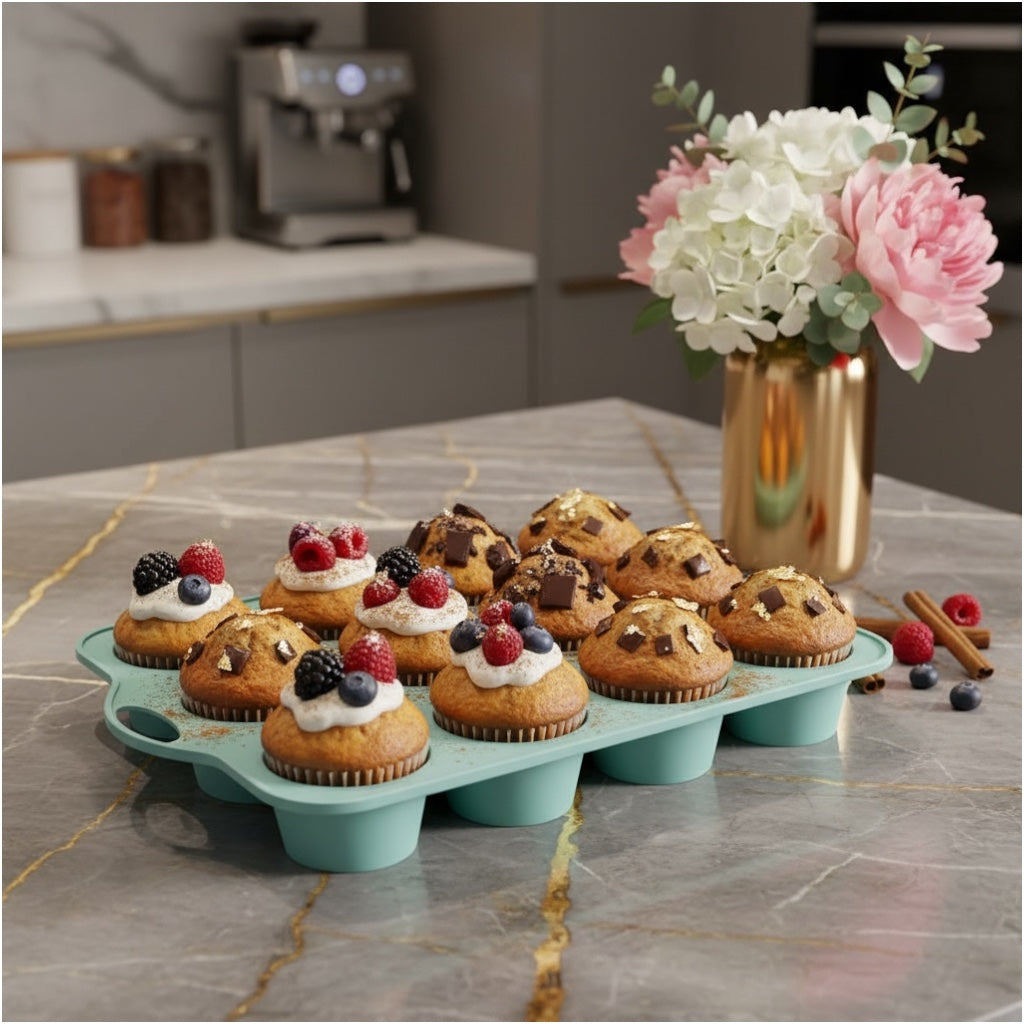 Professional Baking Mould- 12-Cup Silicone Muffin & Cupcake Baking Tray – BPA-