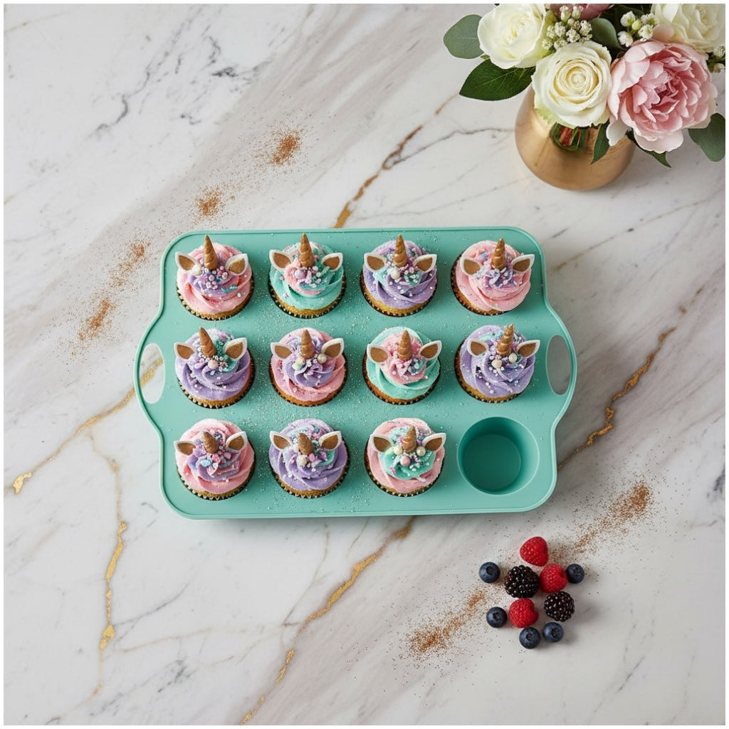 Professional Baking Mould- 12-Cup Silicone Muffin & Cupcake Baking Tray – BPA-