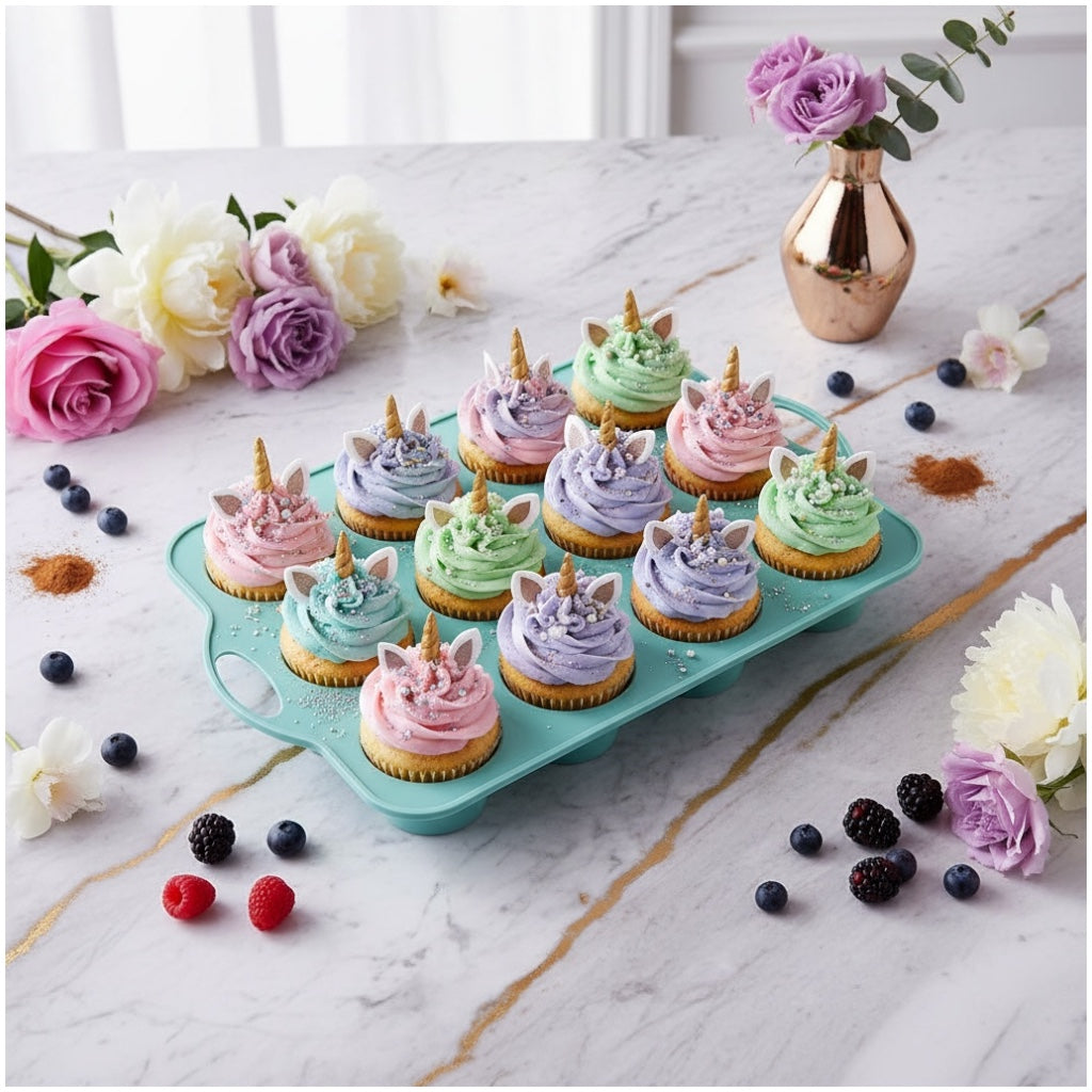 Professional Baking Mould- 12-Cup Silicone Muffin & Cupcake Baking Tray – BPA-