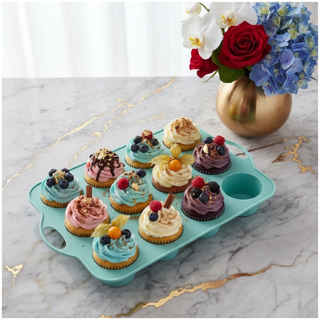 Professional Baking Mould- 12-Cup Silicone Muffin & Cupcake Baking Tray – BPA-