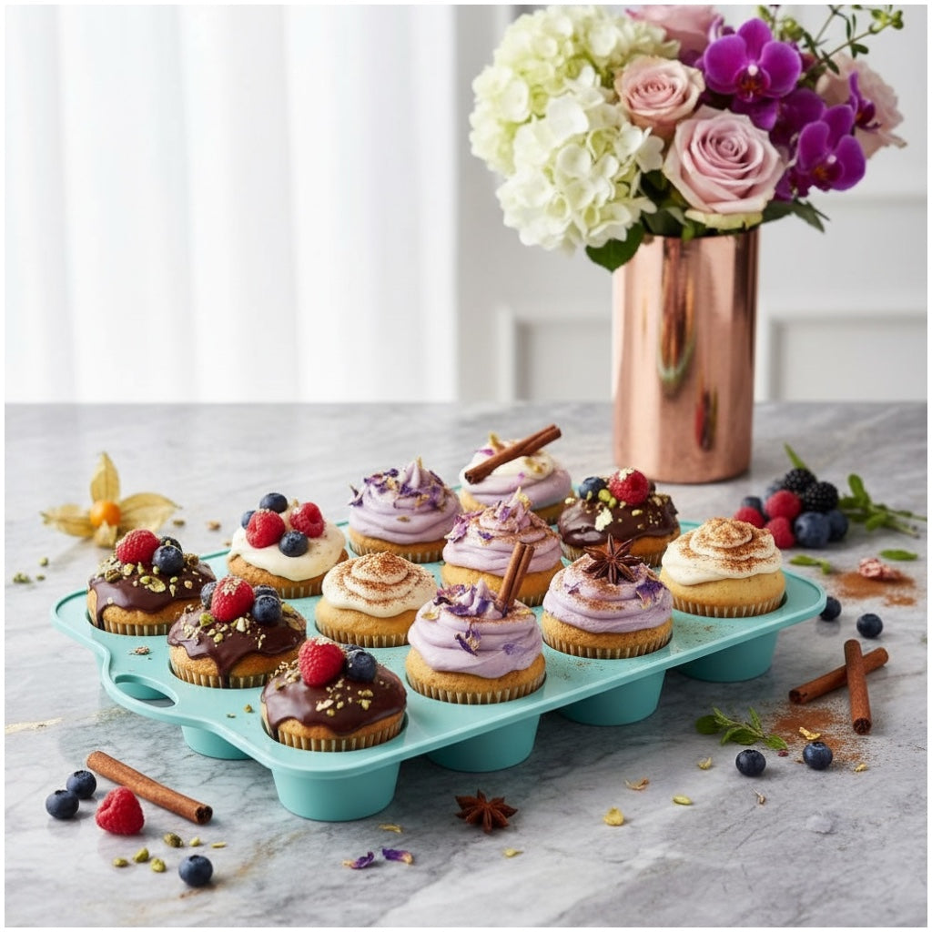 Professional Baking Mould- 12-Cup Silicone Muffin & Cupcake Baking Tray – BPA-