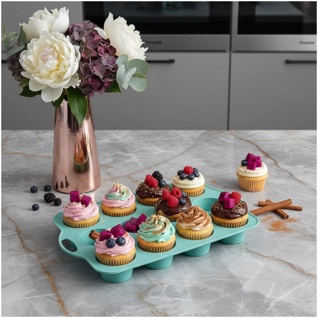 Professional Baking Mould- 12-Cup Silicone Muffin & Cupcake Baking Tray – BPA-