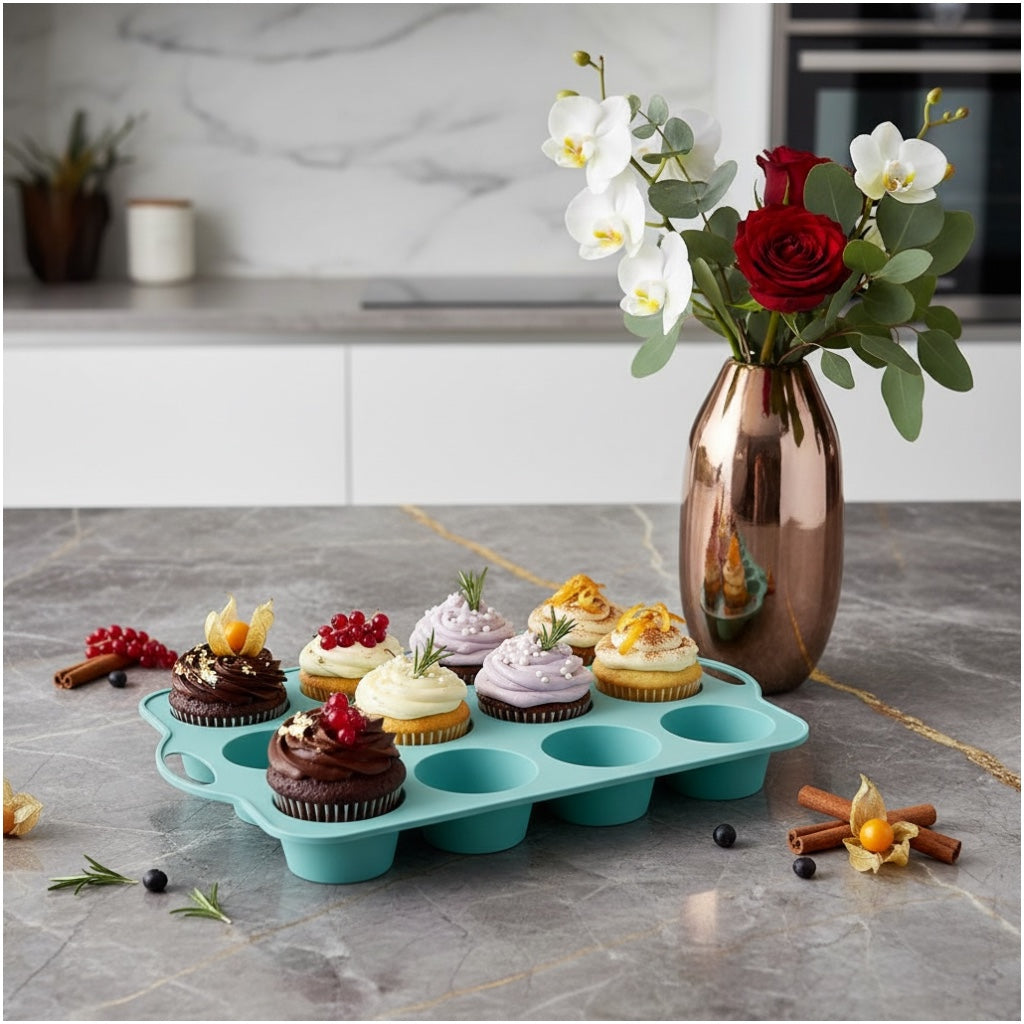 Professional Baking Mould- 12-Cup Silicone Muffin & Cupcake Baking Tray – BPA-