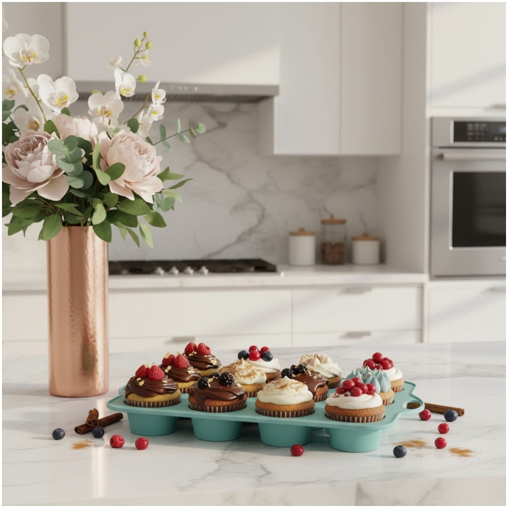 Professional Baking Mould- 12-Cup Silicone Muffin & Cupcake Baking Tray – BPA-