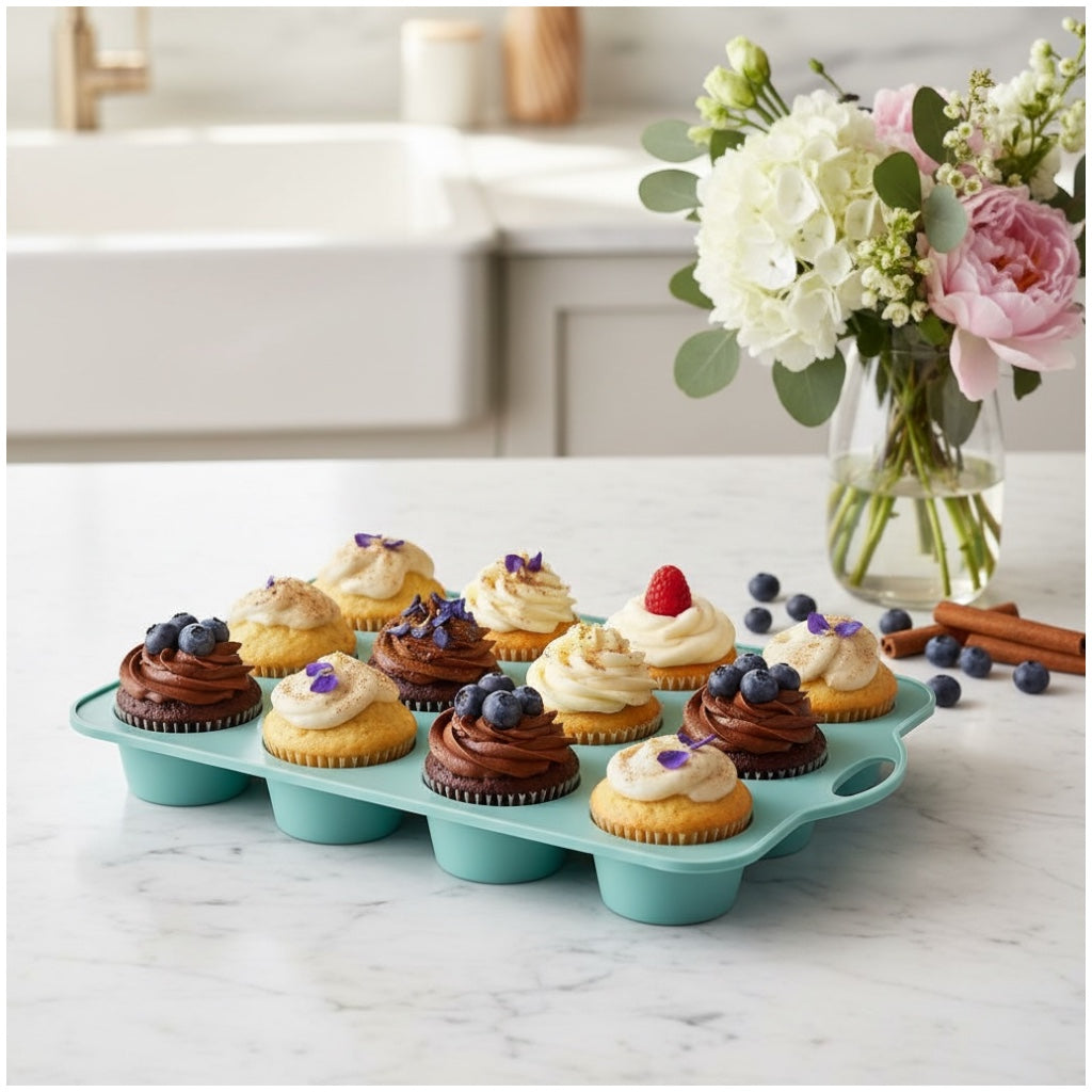 Professional Baking Mould- 12-Cup Silicone Muffin & Cupcake Baking Tray – BPA-