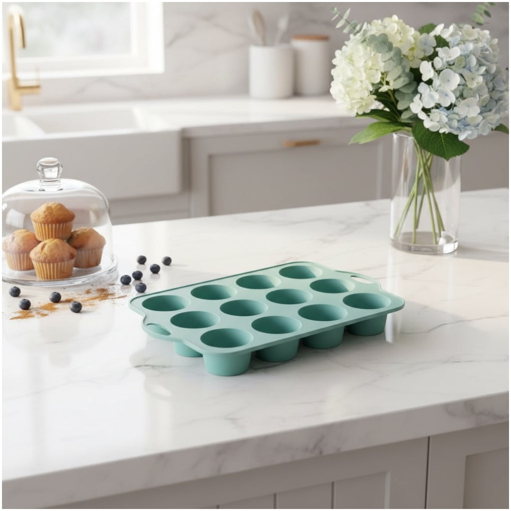 Professional Baking Mould- 12-Cup Silicone Muffin & Cupcake Baking Tray – BPA-