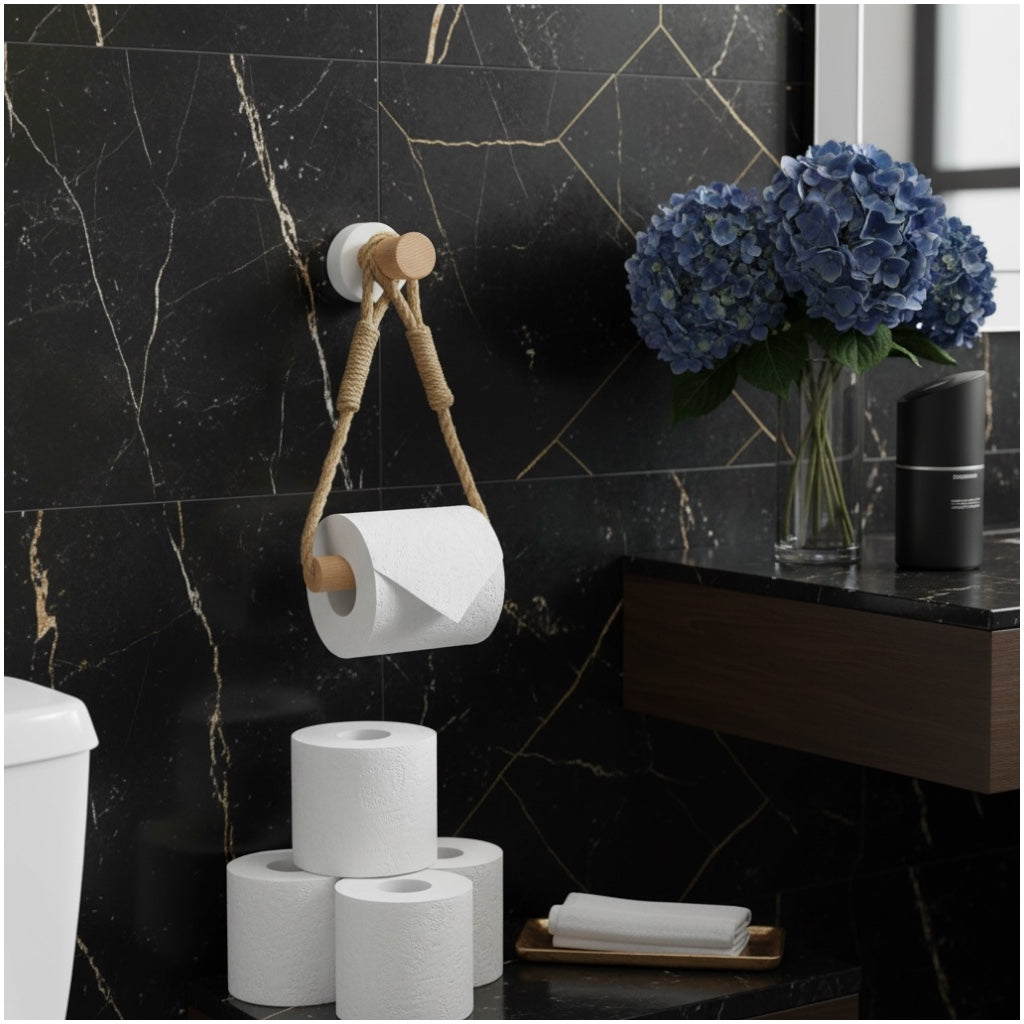 Beautiful bamboo and Rope Toilet Roll Holder – No Drill, Natural Finish