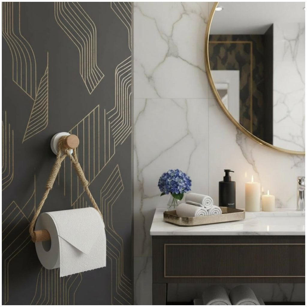 Beautiful bamboo and Rope Toilet Roll Holder – No Drill, Natural Finish