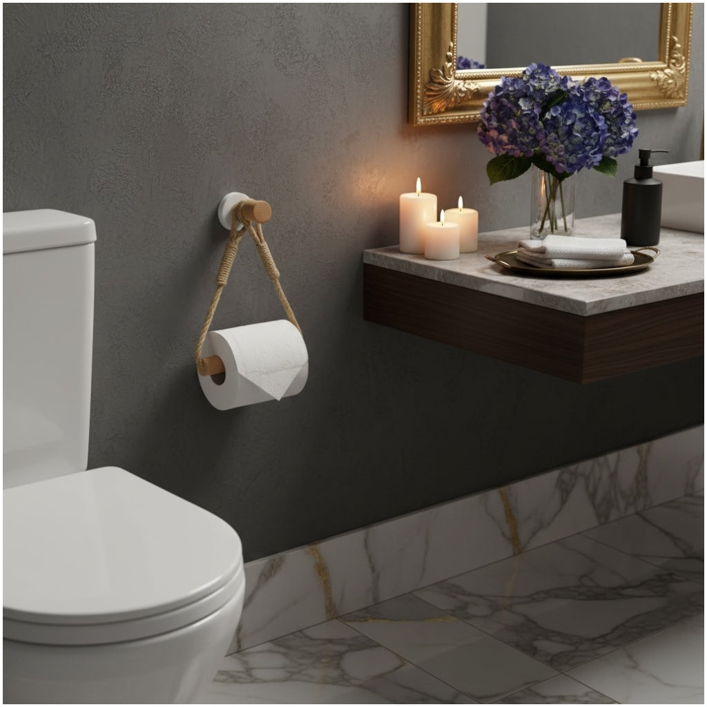 Beautiful bamboo and Rope Toilet Roll Holder – No Drill, Natural Finish