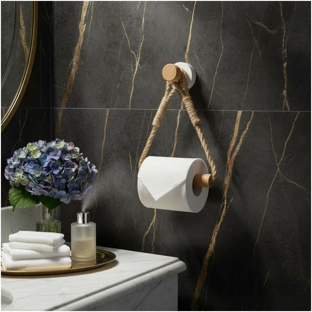 Beautiful bamboo and Rope Toilet Roll Holder – No Drill, Natural Finish
