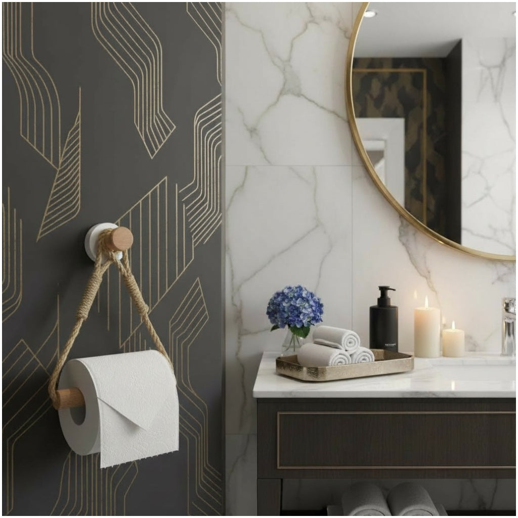 Beautiful bamboo and Rope Toilet Roll Holder – No Drill, Natural Finish