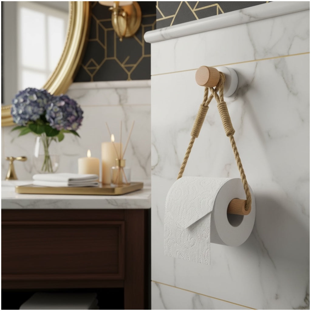 Beautiful bamboo and Rope Toilet Roll Holder – No Drill, Natural Finish