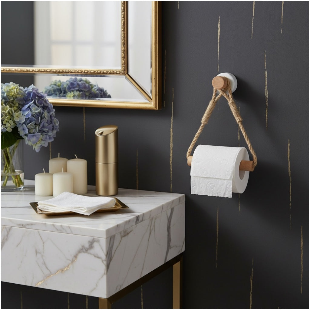 Beautiful bamboo and Rope Toilet Roll Holder – No Drill, Natural Finish