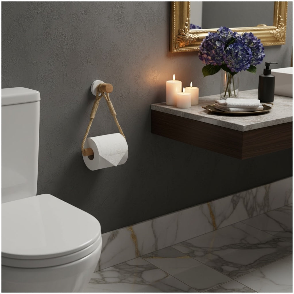 Beautiful bamboo and Rope Toilet Roll Holder – No Drill, Natural Finish