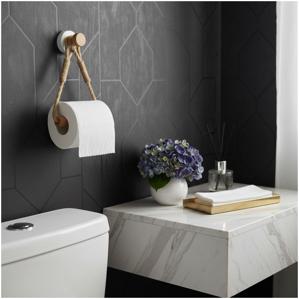 Beautiful bamboo and Rope Toilet Roll Holder – No Drill, Natural Finish