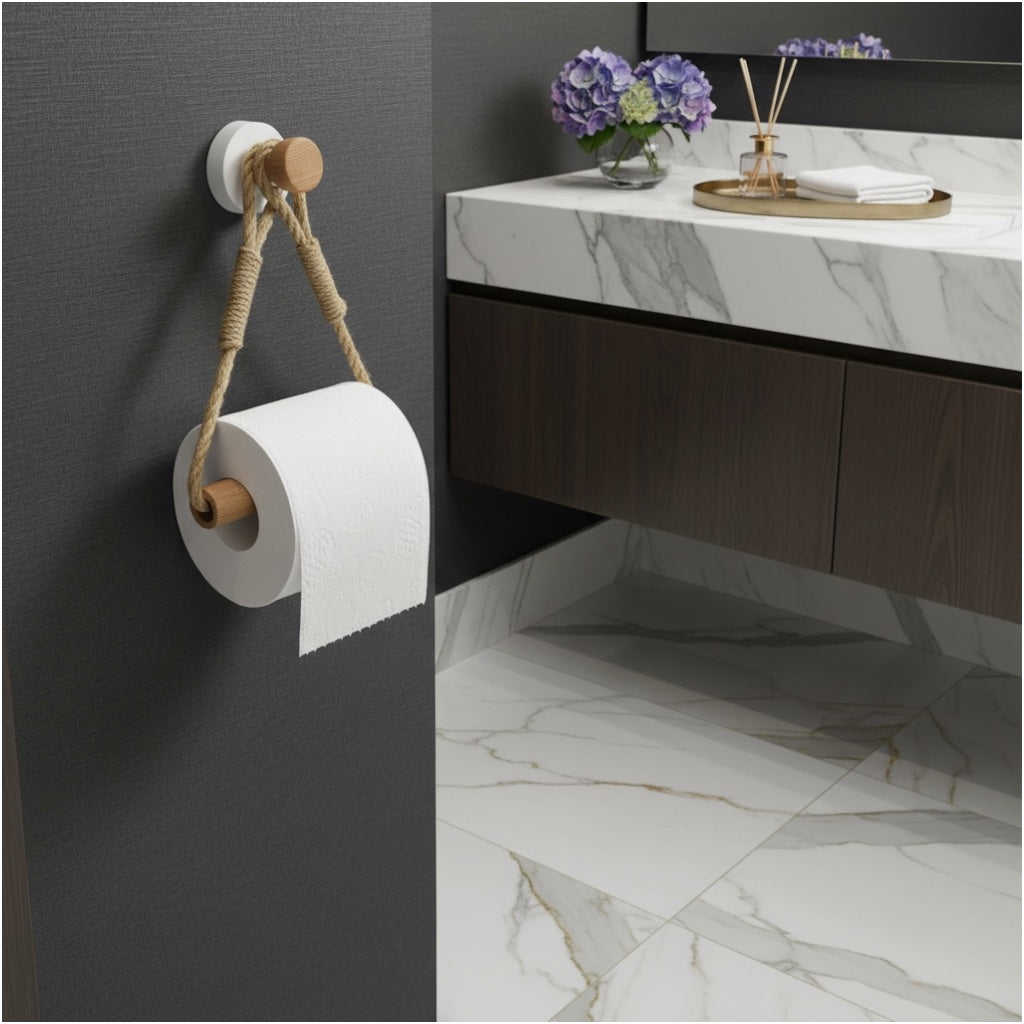 Beautiful bamboo and Rope Toilet Roll Holder – No Drill, Natural Finish