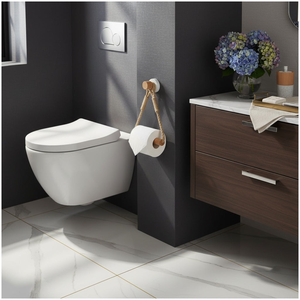 Beautiful bamboo and Rope Toilet Roll Holder – No Drill, Natural Finish