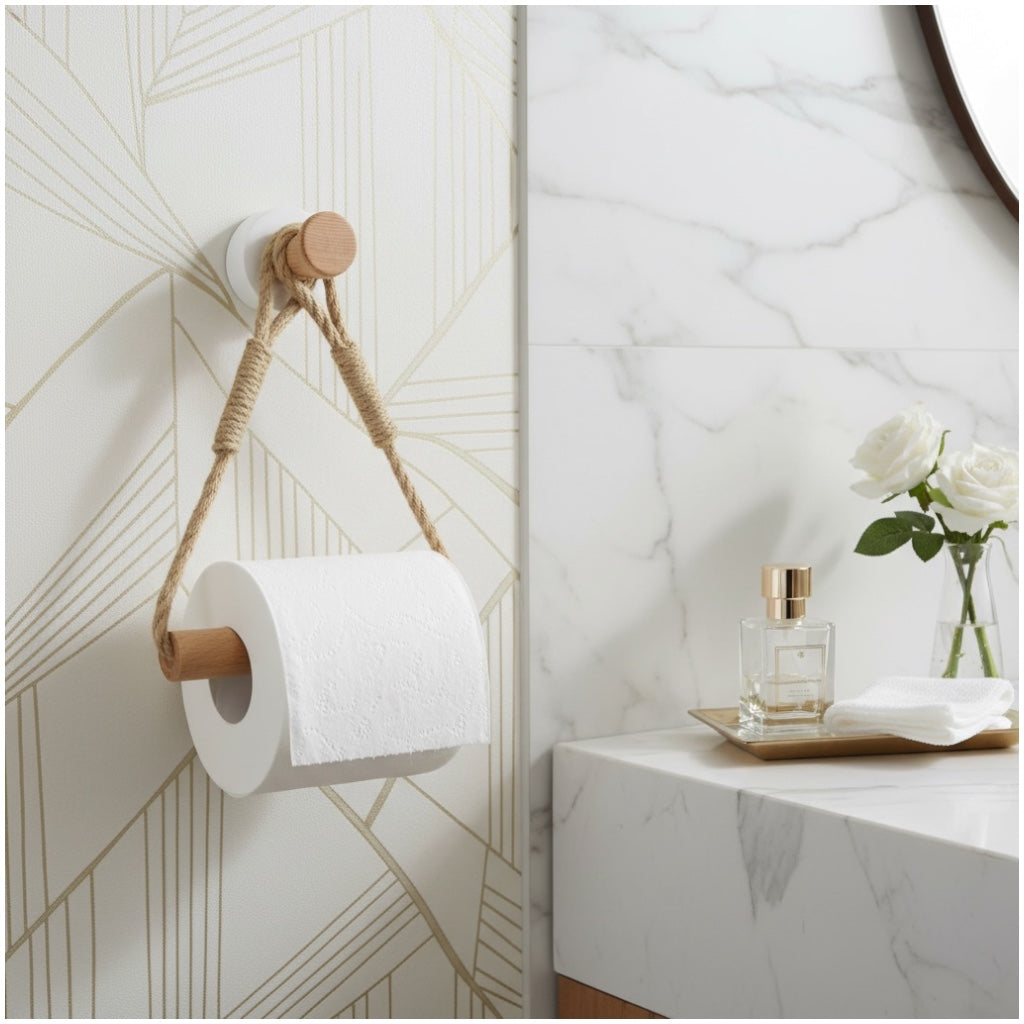 Beautiful bamboo and Rope Toilet Roll Holder – No Drill, Natural Finish