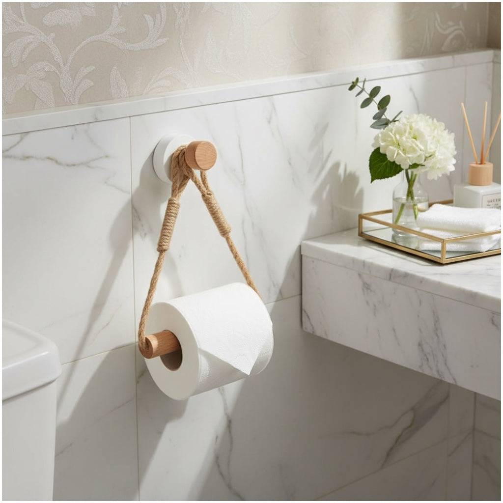 Beautiful bamboo and Rope Toilet Roll Holder – No Drill, Natural Finish