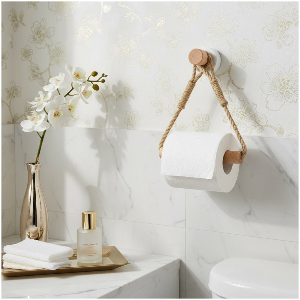 Beautiful bamboo and Rope Toilet Roll Holder – No Drill, Natural Finish
