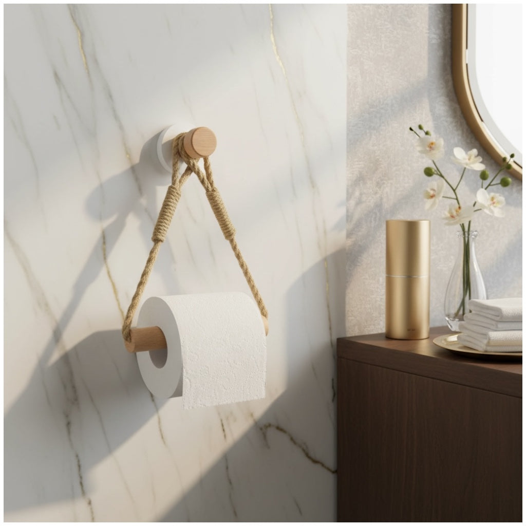 Beautiful bamboo and Rope Toilet Roll Holder – No Drill, Natural Finish