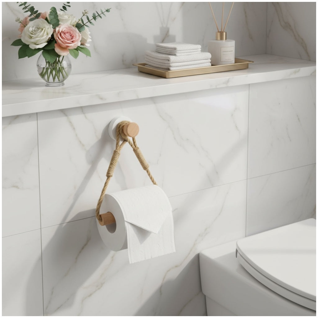 Beautiful bamboo and Rope Toilet Roll Holder – No Drill, Natural Finish