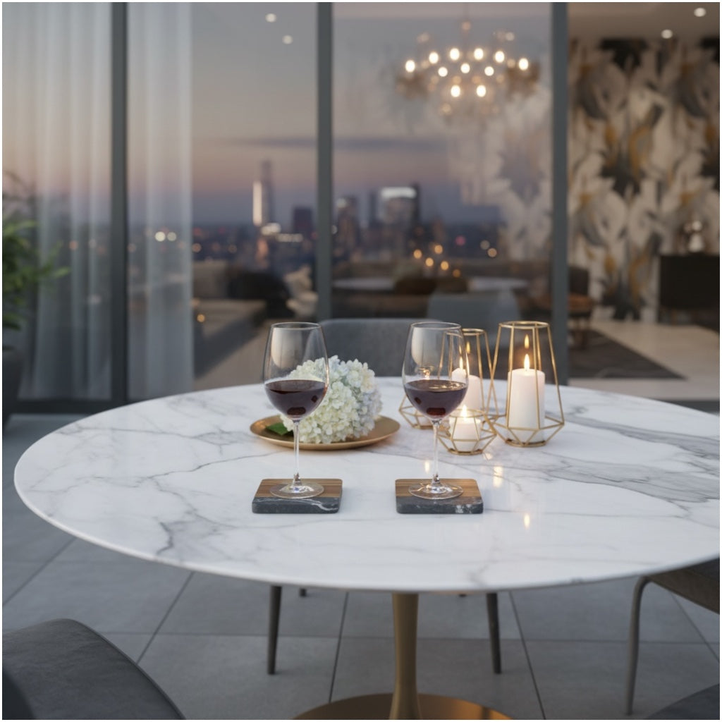 Elegant Marble and Acacia Wood Coasters - Set of 4 -Square Anti Slip Design