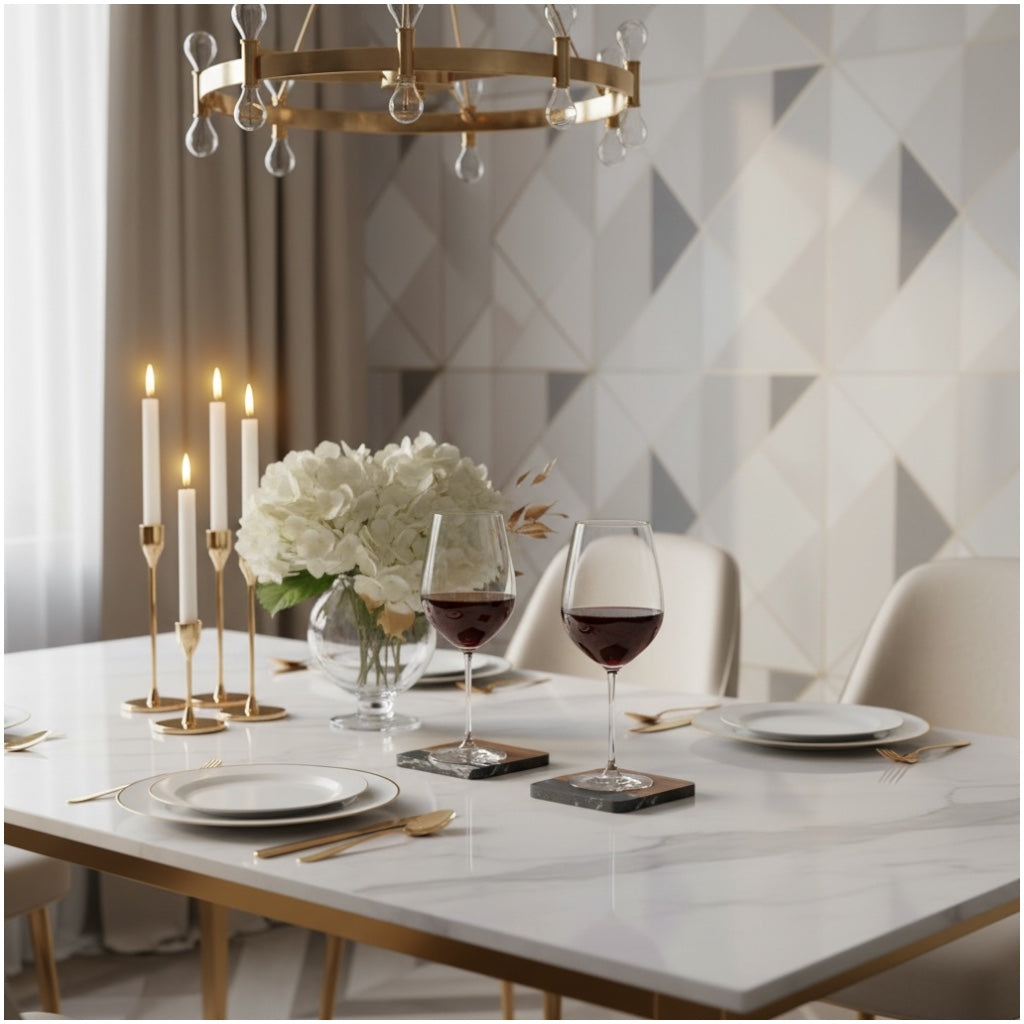 Elegant Marble and Acacia Wood Coasters - Set of 4 -Square Anti Slip Design