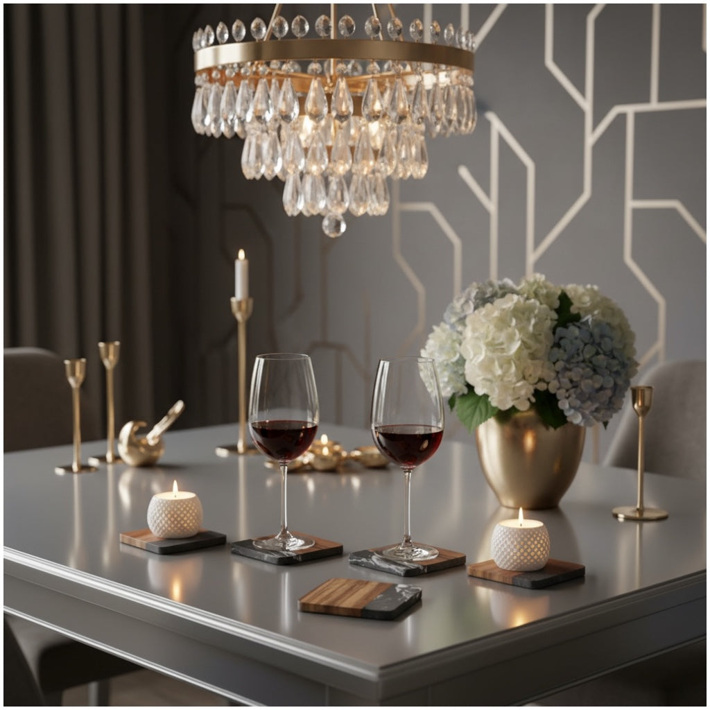 Elegant Marble and Acacia Wood Coasters - Set of 4 -Square Anti Slip Design