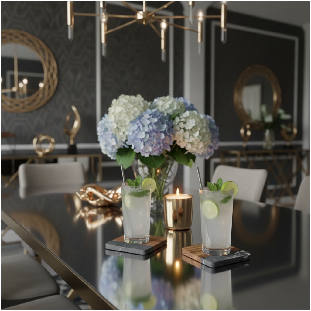 Elegant Marble and Acacia Wood Coasters - Set of 4 -Square Anti Slip Design